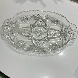 Vintage Divided Clear floral Glass Floral Etched Serving Platter With Handles